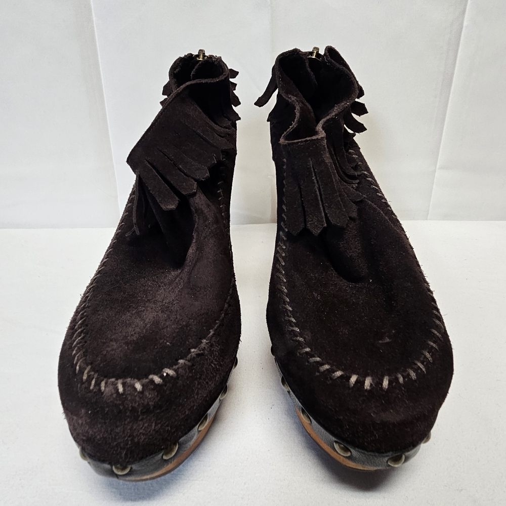 Flogg "Davina" Leather Dark Brown Suede Moccasin Boots with Wooden Heels Sz 7.5